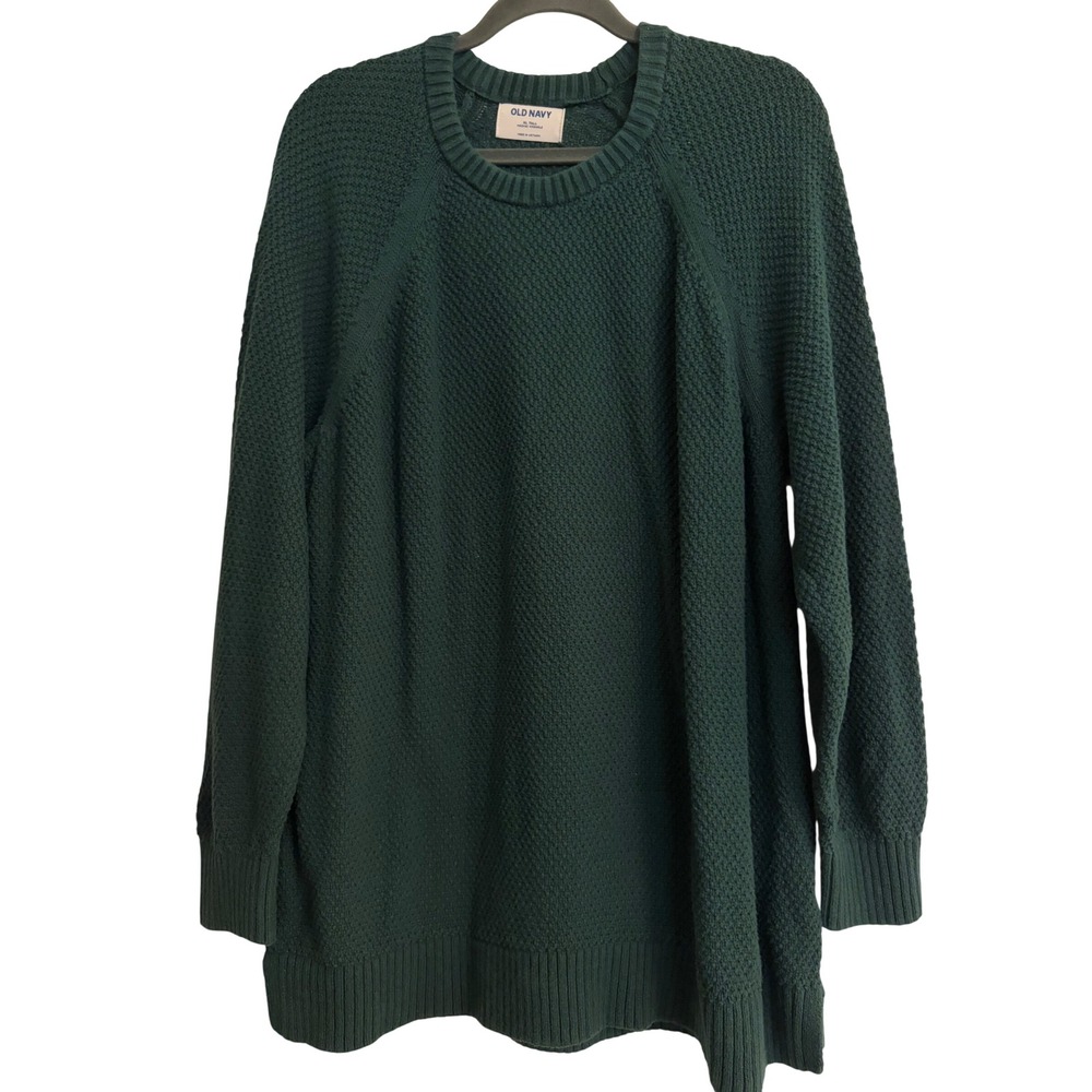 Old Navy Sweater XL Tall Tunic Green Waffle Cotton Raglan Crewneck Side Slit